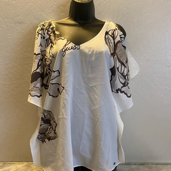 Guess Women’s Small Floral Print Off-Shoulder Blouse White Criss-Cross Back Top - Picture 10 of 15